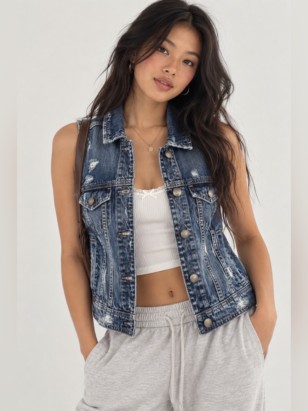 NWOT AE American Eagle Distressed Denim Jean Dark Vest with Pockets